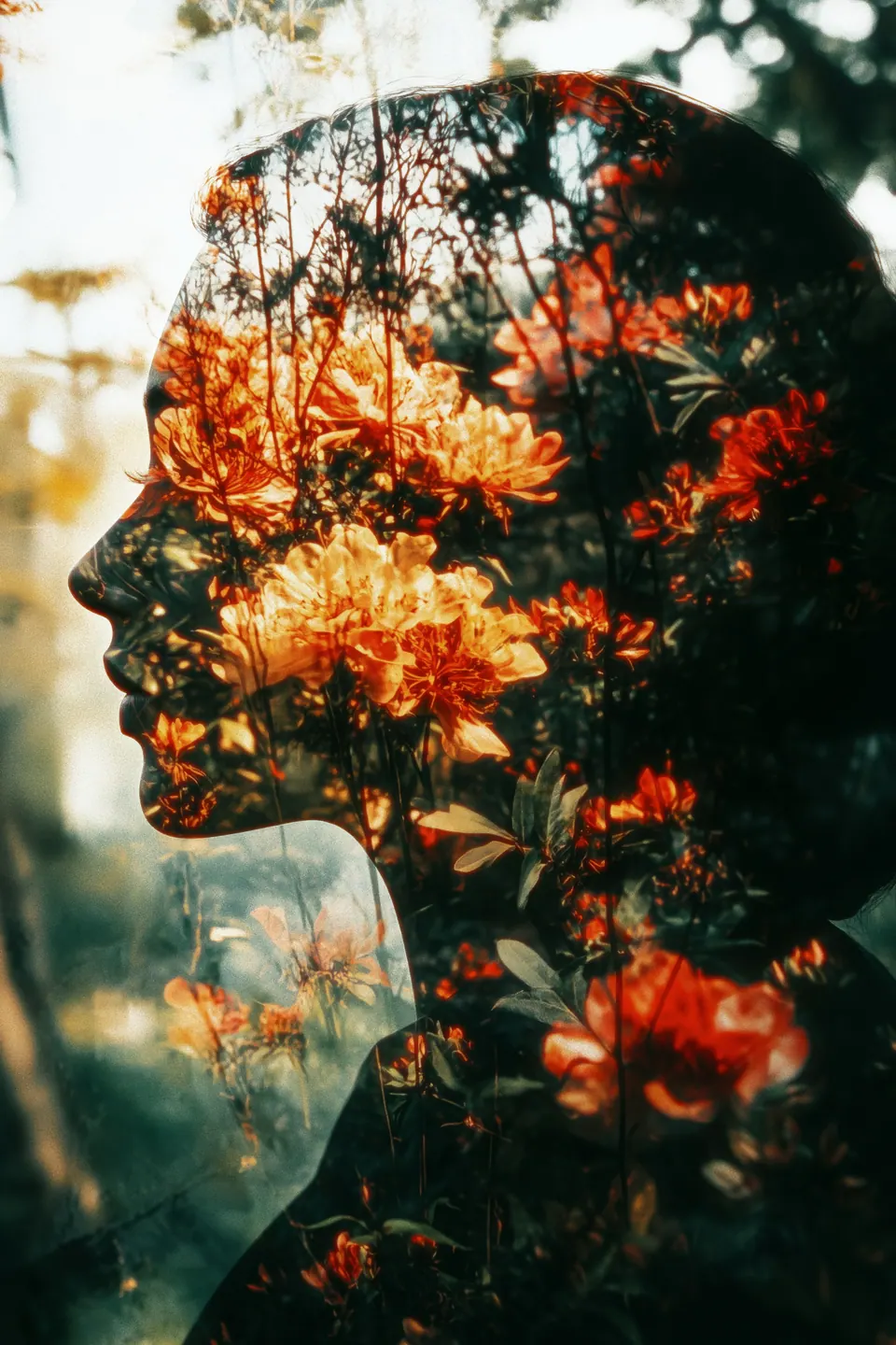Perfil de mulher com flores em dupla exposição, imagem da lembrança que volta