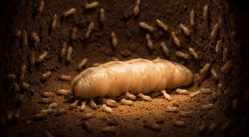 Rainha do cupinzeiro cercada pelos cupins operários, debaixo da terra